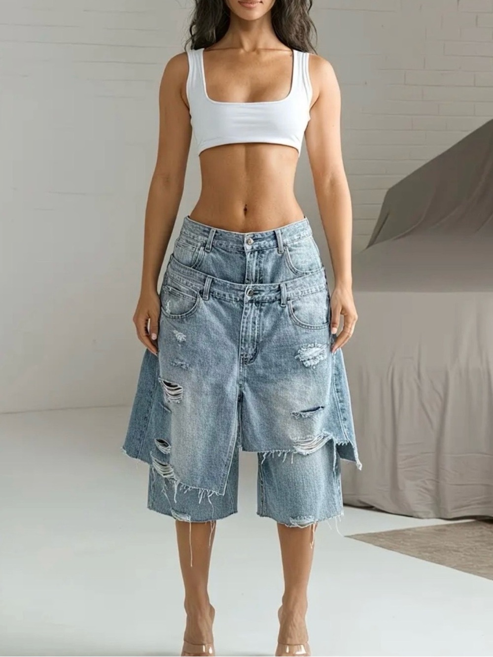Distressed Layered Light Blue Denim Shorts for Women - Picture 3 of 6